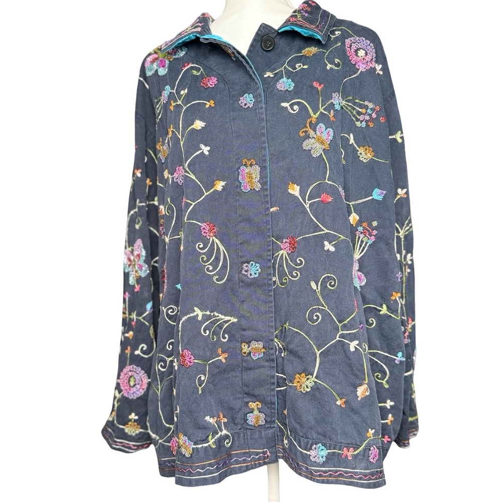 Quacker Factory Embroidered Floral Butterfly Jacket Womens 2X Beaded Black